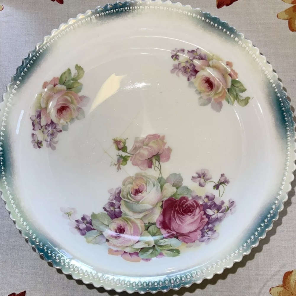 P.K. Porzellanfabrik Königszelt Silesia ~ Roses ~ Serving Bowl 1920's Tent Mark